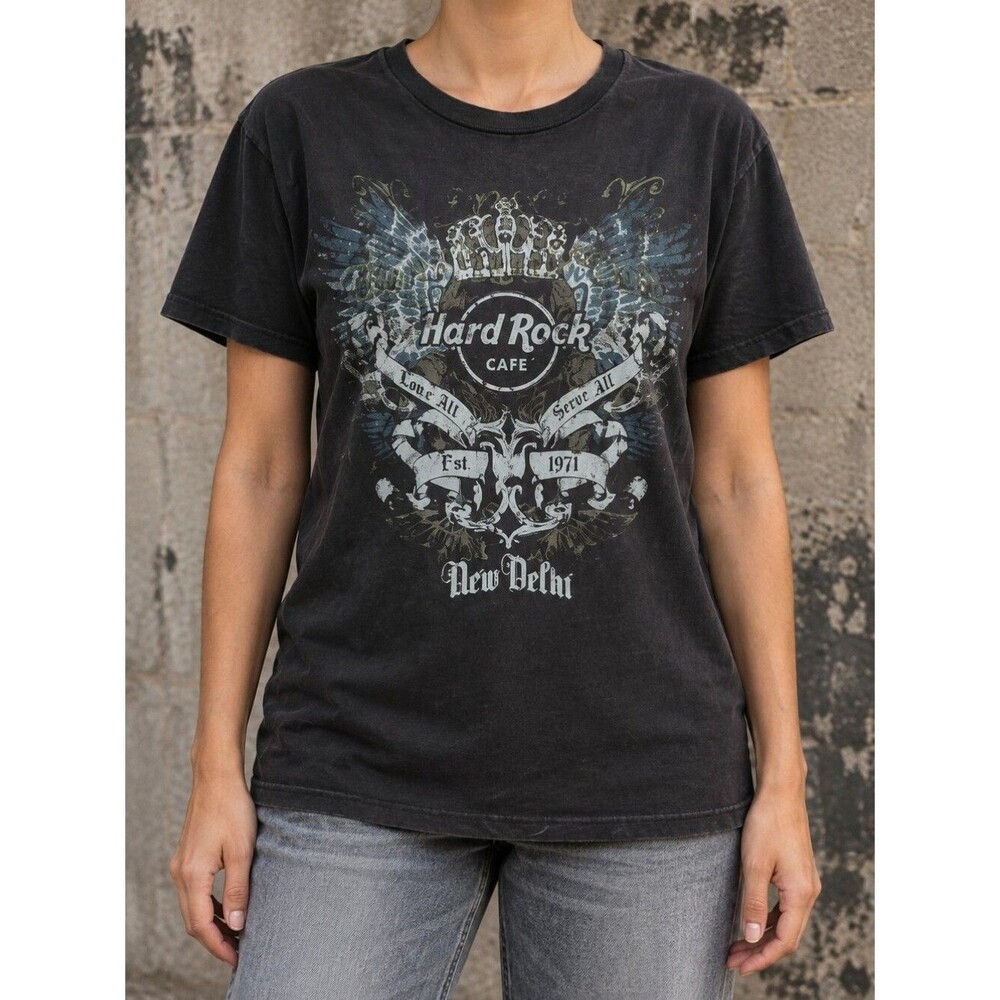 Hard Rock Cafe New Delhi Black Graphic Tee Shirt L Y2K Indie Sleaze Rocker Wings